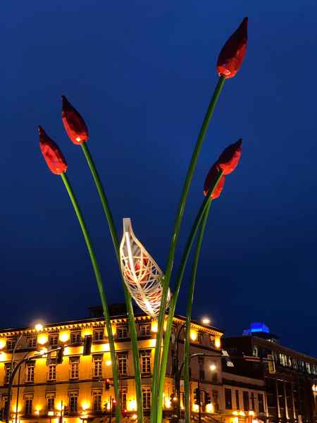 Commerce Canoe Sculpture Lit with Kios - Building in Background