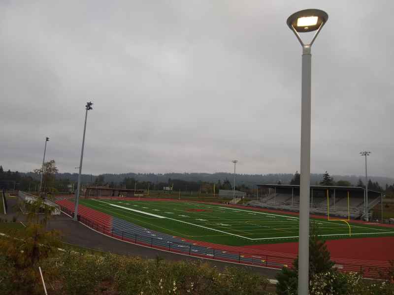High School Football Field and Track Behind Luminaire